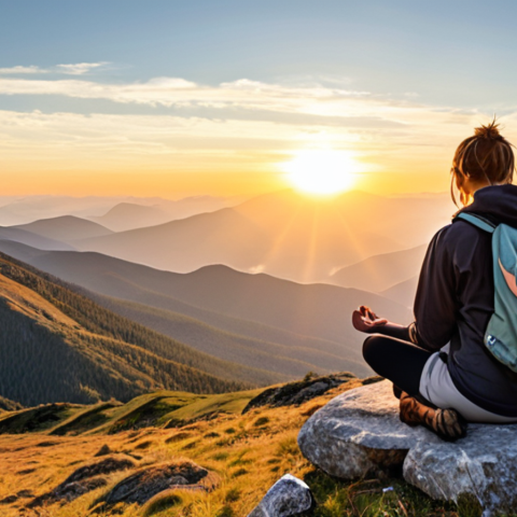 **

A serene individual meditating on a mountaintop at sunrise, overlooking a vast and beautiful landscape. The person is surrounded by symbols of their core values (e.g., a paintbrush for creativity, a family photo, hiking boots for adventure). Sunlight illuminates their face, conveying a sense of peace and purpose. The style should be inspirational and uplifting, like a travel magazine cover.

**