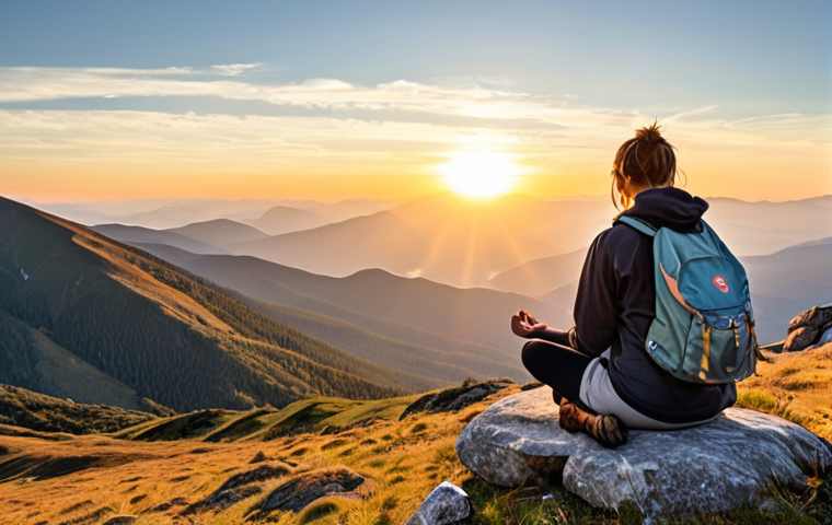 **
A serene individual meditating on a mountaintop at sunrise, overlooking a vast and beautiful landscape. The person is surrounded by symbols of their core values (e.g., a paintbrush for creativity, a family photo, hiking boots for adventure). Sunlight illuminates their face, conveying a sense of peace and purpose. The style should be inspirational and uplifting, like a travel magazine cover.
**