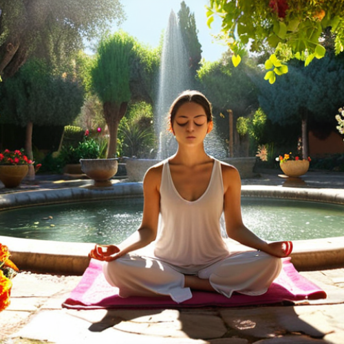 Home 18 **
A person meditating peacefully in a vibrant Spanish garden, surrounded by blooming flowers and a gentle fountain. Sunlight filters through the trees, creating a sense of serenity and self-discovery.
**