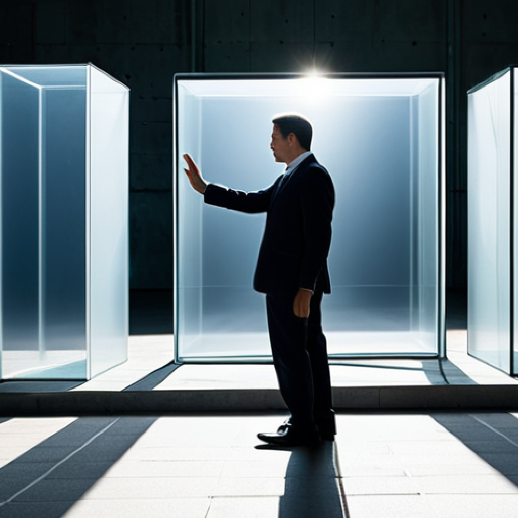 A professional individual, fully clothed in a modest business suit, stands in a metaphorically 'stuck' environment, perhaps a pathway partially obscured by translucent, abstract barriers, symbolizing internal mental blocks. One hand is slightly extended as if pushing against an invisible force, conveying subtle paralysis. Soft, diffused light begins to break through the obscurity, hinting at emerging clarity and self-awareness. The scene is captured with perfect anatomy, correct proportions, natural pose, well-formed hands, and proper finger count. High-quality professional photography, safe for work, appropriate content, family-friendly.