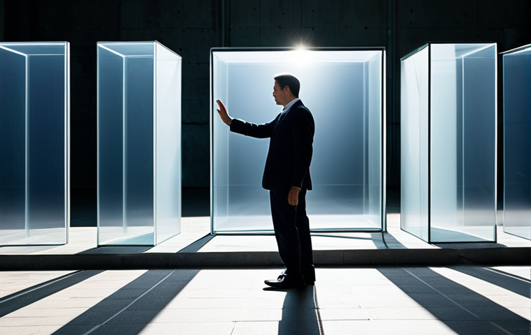A professional individual, fully clothed in a modest business suit, stands in a metaphorically 'stuck' environment, perhaps a pathway partially obscured by translucent, abstract barriers, symbolizing internal mental blocks. One hand is slightly extended as if pushing against an invisible force, conveying subtle paralysis. Soft, diffused light begins to break through the obscurity, hinting at emerging clarity and self-awareness. The scene is captured with perfect anatomy, correct proportions, natural pose, well-formed hands, and proper finger count. High-quality professional photography, safe for work, appropriate content, family-friendly.