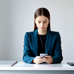 A professional young woman in a modest, contemporary business outfit, sitting at a modern desk and looking intently at a smartphone screen. The screen's light softly illuminates her face, showing a subtle, idealized digital reflection. The contemporary office environment is sleek and minimalist, conveying a thoughtful mood about digital influence. Professional photography, high quality, perfect anatomy, correct proportions, natural pose, well-formed hands, proper finger count, natural body proportions, fully clothed, modest clothing, appropriate attire, professional dress, safe for work, appropriate content, family-friendly.