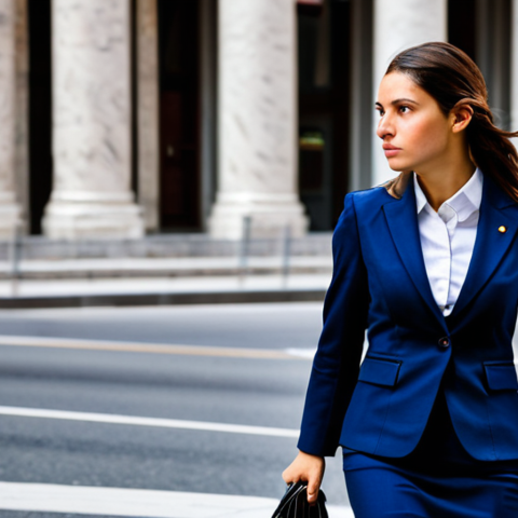**

A professional businesswoman in a tailored dark blue business suit, walking confidently through the bustling streets of Madrid. She carries a leather briefcase and has a determined expression. Background: a blend of historic and modern architecture, with people going about their day. Fully clothed, appropriate attire, safe for work, perfect anatomy, natural proportions, professional photography, high quality, modest.

**