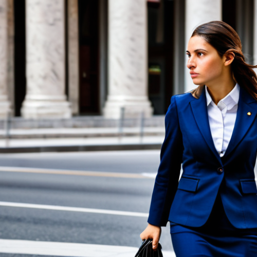 Home 21 **
A professional businesswoman in a tailored dark blue business suit, walking confidently through the bustling streets of Madrid. She carries a leather briefcase and has a determined expression. Background: a blend of historic and modern architecture, with people going about their day. Fully clothed, appropriate attire, safe for work, perfect anatomy, natural proportions, professional photography, high quality, modest.
**
