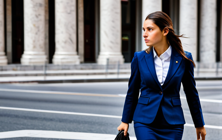 **
A professional businesswoman in a tailored dark blue business suit, walking confidently through the bustling streets of Madrid. She carries a leather briefcase and has a determined expression. Background: a blend of historic and modern architecture, with people going about their day. Fully clothed, appropriate attire, safe for work, perfect anatomy, natural proportions, professional photography, high quality, modest.
**