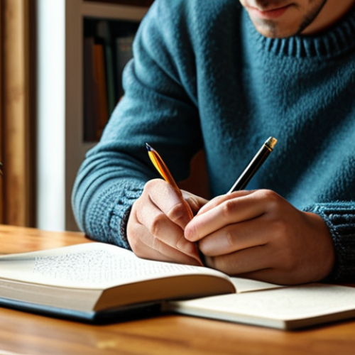 Home 8 자기 객관화 능력 향상을 위한 피드백 활용 - Reflective Journaling**
A person sitting at a wooden desk in a cozy, sunlit study, writing in a lea...