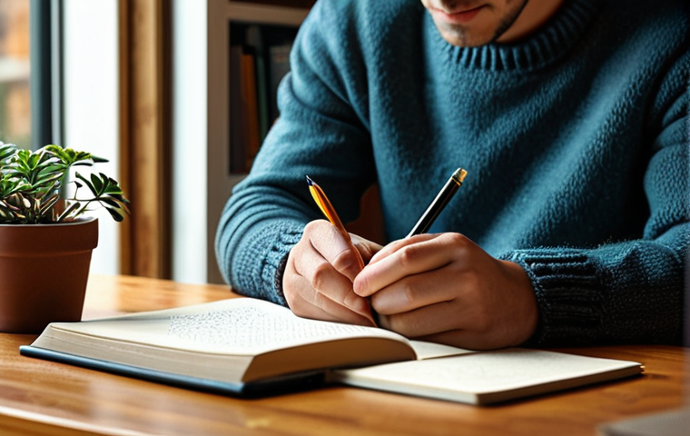 자기 객관화 능력 향상을 위한 피드백 활용 - Reflective Journaling**
A person sitting at a wooden desk in a cozy, sunlit study, writing in a lea...