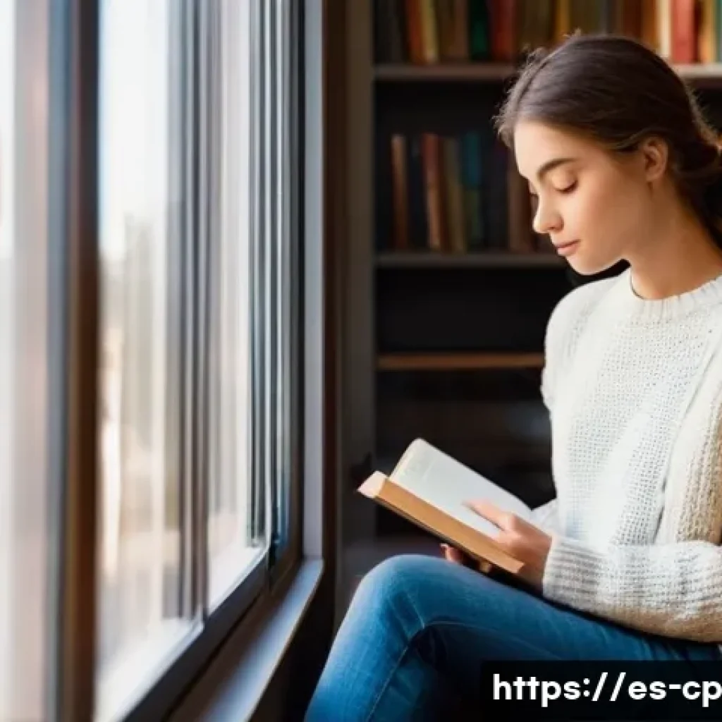 자기 객관화를 위한 일기 쓰기 팁 - **Prompt:** A young woman, approximately 20-25 years old, sits comfortably in a sunlit, cozy corner ...