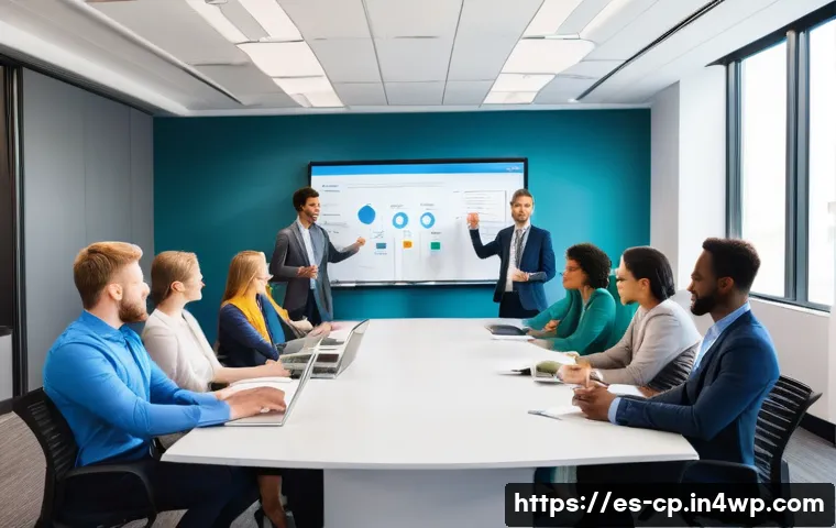 자기 객관화 능력 평가 방법 - A professional office scene featuring a diverse group of coworkers engaged in a 360-degree feedback ...