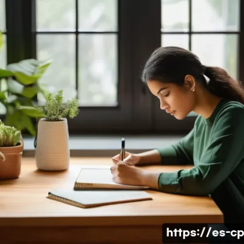 Home 32 자기 객관화 능력 개발을 위한 온라인 강의 - A serene home office scene with a young Hispanic woman sitting at a wooden desk by a large window, w...