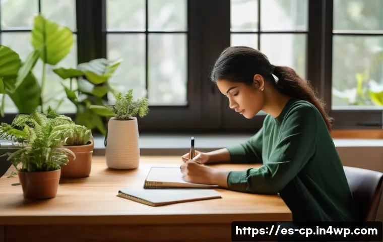 자기 객관화 능력 개발을 위한 온라인 강의 - A serene home office scene with a young Hispanic woman sitting at a wooden desk by a large window, w...