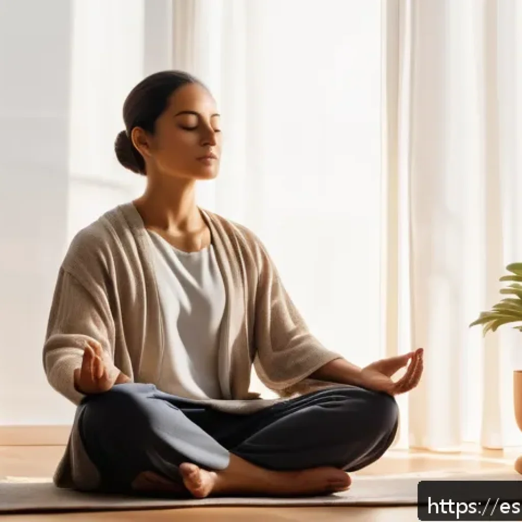 자기 객관화를 위한 명상 기법 - A serene indoor scene of a Spanish person practicing mindful breathing in a cozy, sunlit room decora...