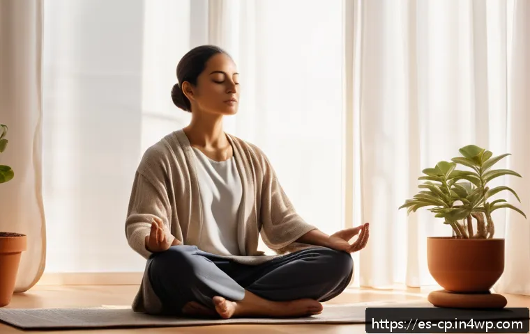 자기 객관화를 위한 명상 기법 - A serene indoor scene of a Spanish person practicing mindful breathing in a cozy, sunlit room decora...