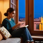 Home 18 자기 객관화와 목표 달성의 법칙 - A cozy evening scene in a Spanish-style apartment where a young adult is sitting comfortably on a so...