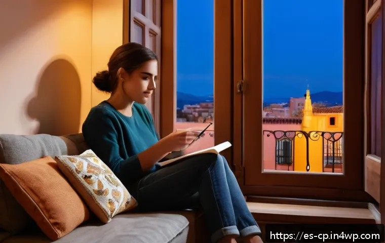 자기 객관화와 목표 달성의 법칙 - A cozy evening scene in a Spanish-style apartment where a young adult is sitting comfortably on a so...